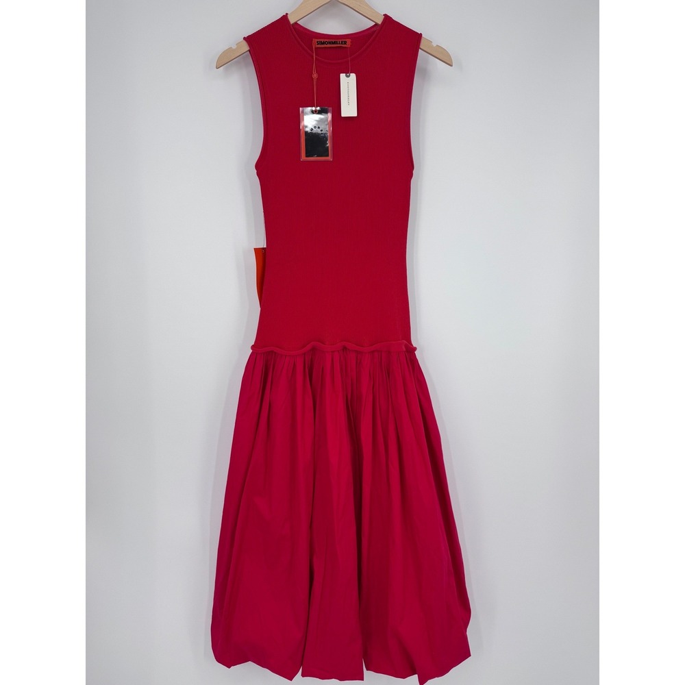 Simon Miller Yanez Poplin Combo Dress Sz M Red Ribbed Bubble Hem Drop Waist Midi